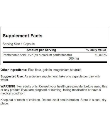 Swanson Pantothenic Acid (Vitamin B-5) 500mg - Energy & Nerve Support - 250 Capsules - Buy Online on GoSupps.com
