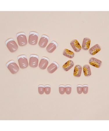 Buy Justotry 24-Piece White Angular Press-On Nails | Gorgeous Sunflower Design | Glossy Fake Nails for Art | Square French Fingernails for Women - Buy Online on GoSupps.com