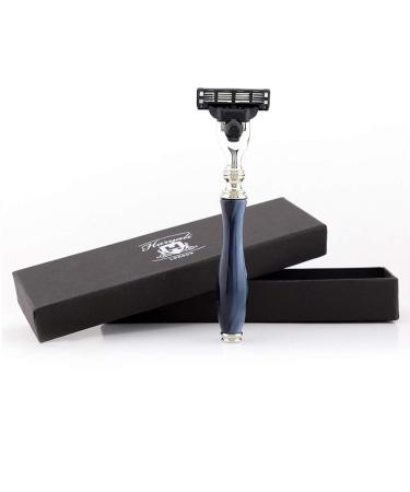 Haryali London 3 Blade Razor with Blue Resin Handle Beard and Moustache Razor and Black Designer Gift Box