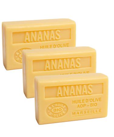 Savon de Marseille - Nourishing French Soap Made With Pure Organic Olive Oil and Shea Butter - Pineapple Fragrance - 125 Gram Bar - Set of 3