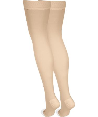 NuVein Thigh Length Compression Stockings 20-30 mmHg Support - Open Toe - Light Beige - Medium (1 Pair) - Buy Online on GoSupps.com