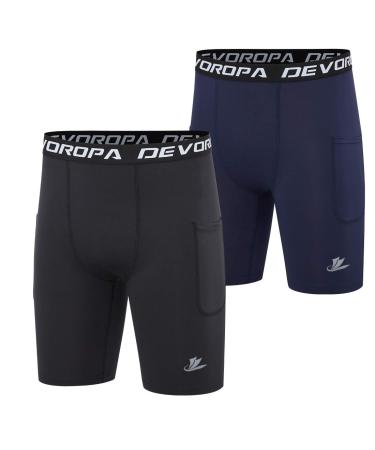 DEVOROPA Youth Boys' Compression Shorts Performance Athletic Base Layers Workout Training Underwear Side Pocket (Pack of 2) Black/Navy(with Side Pockets) Large