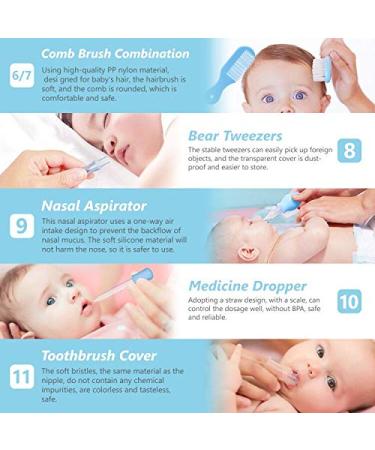 Portable Baby Grooming Kit: 11-in-1 Baby Safety Care Set for Newborns - Hair Brush, Nail Clipper, Nasal Aspirator - Blue - Buy Online on GoSupps.com