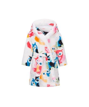 XINNE Boys Girls Soft Bathrobe Cute Pattern Robes Toddler Baby Flannel Hoodie Pajamas Sleepwear White Owl 140/7T