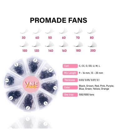 VNE Eyelashes 500 Fans Tray | Volume Lash Extensions | Mixed Length 6D CC Curl | Premade & Mega Lash Fans 9-16mm - Buy Online on GoSupps.com