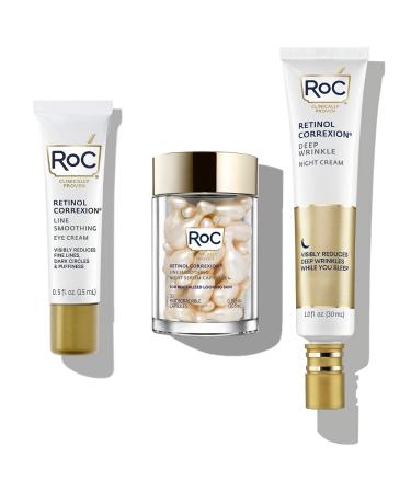 RoC Retinol PM Rituals Bundle: RoC Retinol Serum Night Capsules + Deep Wrinkle Night Cream + RoC Eye Cream for anti-wrinkles dark circles and puffy eyes
