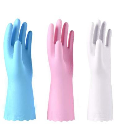 Alimat PluS 3 Pack Reusable Cleaning Gloves Latex Free - Dishwashing Gloves with Cotton Flock Liner and Embossed Palm - Waterproof Household Gloves for Laundry, Gardening (Medium) Medium (Pack of 3) Pink+white+blue