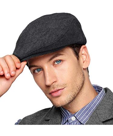 Men Ivy Gatsby Newsboy Cap - Classic Wool Blend Tweed Flat Cap Cabbie Hat Men 001 Black Small-Medium