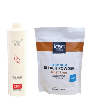 ICAN LONDON PROFESSIONAL CREAM PEROXIDE 20 VOL 6% 1L + RAPID BLUE POWDER BLEACH RESEALBLE BAG 500 G COMBO SET
