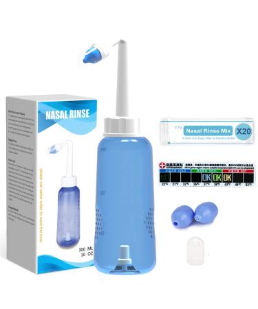 Nasal Irrigation System-300ml 10oz Nasal Wash Bottle Sinus Rinse Bpa-Free for Adult & Kid with 20 Nasal Wash Salt Packets and Sticker