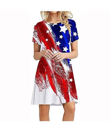 Casual Summer Dress for Women,Fashion Star Striped Print Dress for 4th July,Daily Work Short Sleeve O-Neck Flowy Dress Red Small