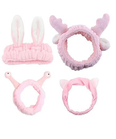 4Packs Pink Spa Makeup Headband for Women Girls Washing Face Cute Animal Cat Deer Snail Bunny Ear Face Wash Hairband Elastic Coral Fleece Hair Bands Cosmetic Shower Yoga Head Wraps Headwrap (pink)