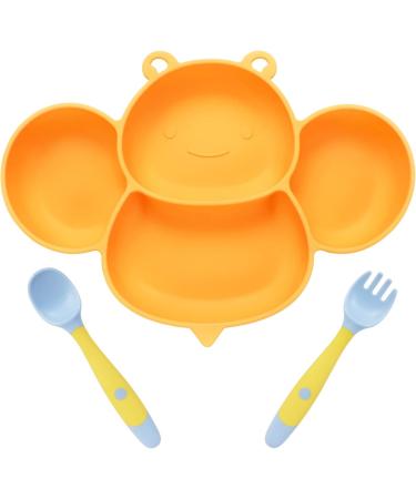 Vicloon Baby Suction Plate Non-Slip Silicone Baby Divided Plate Toddler Baby Feeding Plate with Bendable Fork & Spoon for Self Feeding Training BPA-Free FDA Approved Dishwasher Safe Yellow Bee-yellow