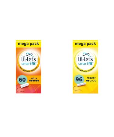 Lil-Lets Non-Applicator Ultra Tampons X 60 | 6 Packs of 10 | Extremely Heavy Flow & Non-Applicator Regular Tampons X 96 | 6 Packs of 16 | Light to Medium Flow + Regular Tampons X 96