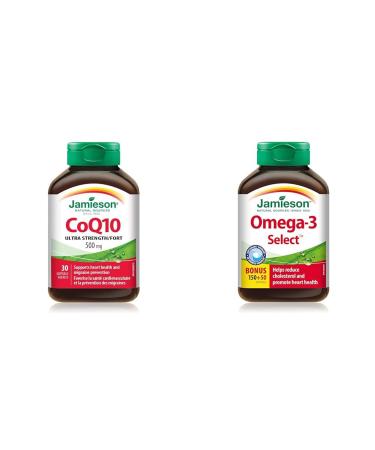CoQ10 500 mg Ultra Strength - Coenzyme Q10 Non-GMO Gluten-Free 30 Count (Pack of 1) & Omega-3 Select 1 000 mg