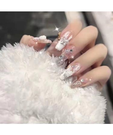Temperament Enhancement Nail Patch Pure Hand-Made phototherapy Nail Patch Wearing a Pearl Sequined Camellia Bright Drilling Finished Nail Patch Long (10-Piece Package) (Color : 2 Size : XS) X-Small 2