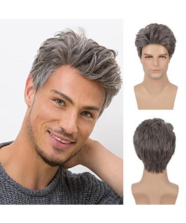 Baruisi Mens Short Wig Mixed Brown Cosplay Hair Wig Natural Synthetic Replacement Wig Brown&silver