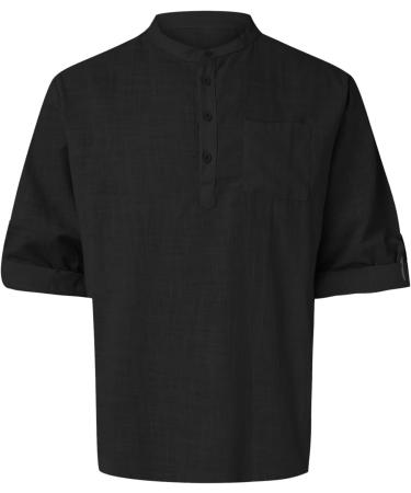 Summer Long Sleeve Men's Shirt - Light & Airy Slim Fit Iron-Free Leisurewear in Black Cotton (4XL XXL) - Casual Linen Stand-Up Collar - Buy Online on GoSupps.com