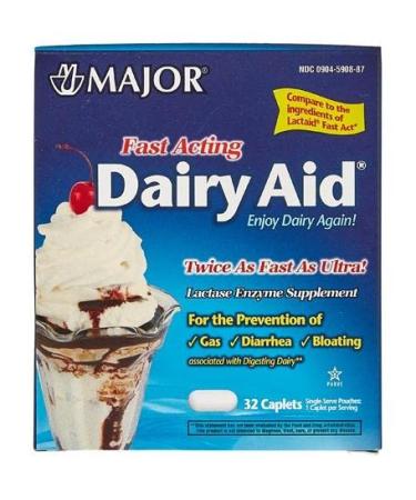 Major Fast Acting Dairy Aid Lactase Enzyme Supplement for Prevention of Gas Diarrhea Bloating - 32 Caplets