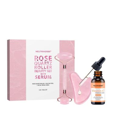 NEUTRIHERBS Jade Gua Sha & Face Roller & Vitamin C Serum Facial Tool Set(3 in 1 Kit) Home Face Massager for Wrinkle Fine Line Puffiness Firm Smooth Relax Skin -- Pink