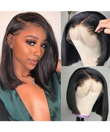 Short Straight Bob Human Hair Wig 8 Inch - Brazilian Virgin Lace Front Wig for Black Women with Baby Hair - Natural Black - Pre Plucked - 13x4 Frontal Wig - Buy Online on GoSupps.com