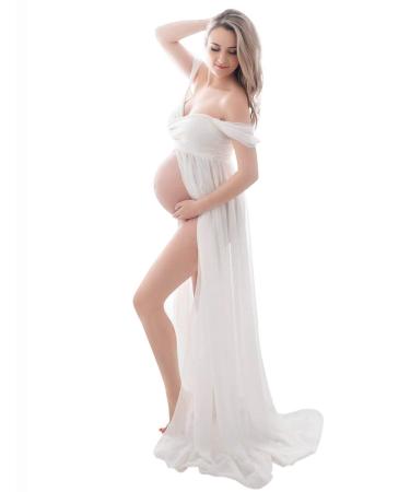 FEOYA Maxi Maternity Dress Chiffon Lace Strapless Gown Split Front for Pregnant Women Photography Full Length White S