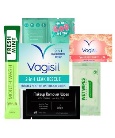 Feminine wash kit travel expected the unexpected and keep confident with individual wrap items QR code (Leak Rescue & Peach Blossom)