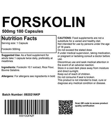 Forskolin 500mg 180 Capsules - Pharmaceutical Grade UK Made (180 count) - Buy Online on GoSupps.com