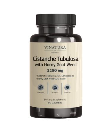 VINATURA Cistanche with Horny Goat Weed 1250mg  60% Icariin Premium Extract for Energy  Strength  Endurance  Cognitive *USA Made and Tested* - 60 Capsules Supplements