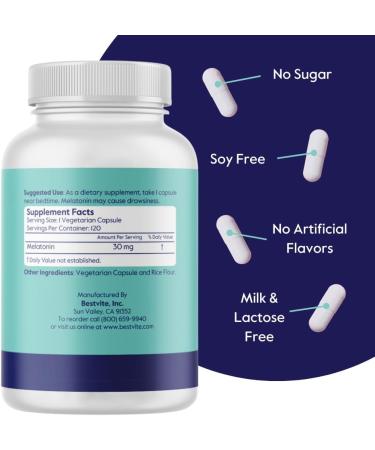 BESTVITE Melatonin 30mg (120 Vegetarian Capsules) - No Stearates - Vegan - Non GMO - Gluten Free - High Dose Melatonin 120 Count (Pack of 1) - Buy Online on GoSupps.com