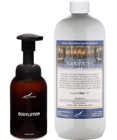 Claudius Soap dispenser 300 ml amber brown refillable + 1 liter Body Lotion Hammam Herbal refill bottle with printing