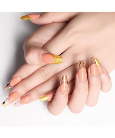 Sethexy long coffin false fingernails gold leopard false nails ballerina nails sticking sparkle nails with glue 24st acrylic art nail tips to press on for women and girls