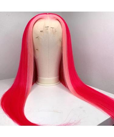 QD-Tizer Raspberry Red Hair Color Lace Front Wig Long Straight Hair Light Pink Highlights Wig Heat Resistant Fiber Hair Synthetic Lace Front Wigs for Fashion Women #F-Red