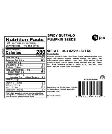 Yupik Spicy Buffalo Pumpkin Seeds 2.2 lbs - Crunchy Snack or Salad Topper, Seasoned & Roasted, Vegan, Non GMO, No Preservatives - 2.2 Pound Pack - Buy Online on GoSupps.com