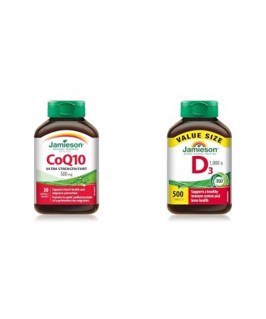 CoQ10 500 mg Ultra Strength - Coenzyme Q10 Non-GMO Gluten-Free 30 Count (Pack of 1) & Vitamin D 1 000IU 500 Tablets