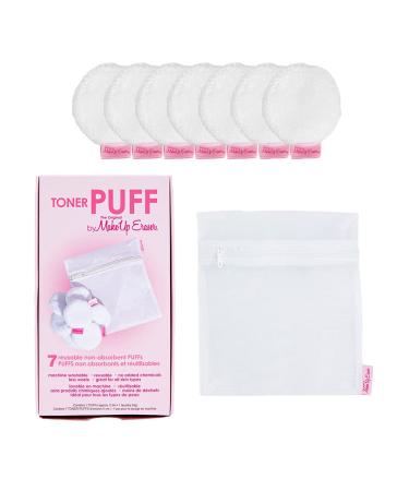 MakeUp Eraser Toner Puff 7pc Set, Reusable and Machine Washable Rounds, Laundry Bag Included