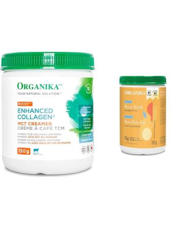 Organika Enhanced Collagen Boost with MCT Oil Powder and Vanilla - 150g & Chicken Bone Broth Powder- Free Range and Vegetarian Fed Chickens- Keto Friendly High Protein and Mineral Content- 300g