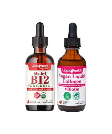 LIQUIDHEALTH Organic Methyl B12 5000mcg Vitamin Drops with Tart Cherry Juice & 100% Vegan Plant-Based Collagen Plus Biotin Drops - Natural Energy Boost Improve Focus Hair & Nail Growth Skin Health