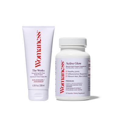 Womaness Summer Skin Bundle - The Works - Menopause Support Skincare Hydrating Body Lotion (6.76oz) + Active Glow - Biotin Menopause Supplements (30 Capsules) - 2 Products