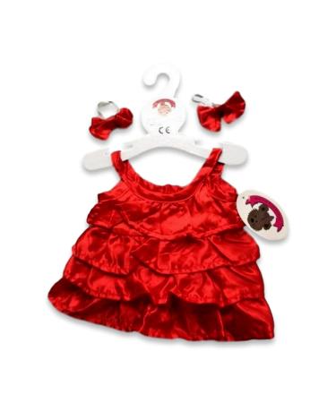 Build Your Bears Wardrobe Frilly Satin Dress + Bows Outfit Teddy Bear Clothes Fits Build a Bear (Red)