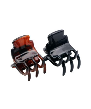 Parcelona French Glossy Square Very Small 3/4 Celluloid Set of 2 No Slip Grip Covered Spring Jaw Hair Claw Durable Styling Hair Accessories Women Strong Hold Girls Hair Claw Clips  Made in France (Black-Tortoise Shell)