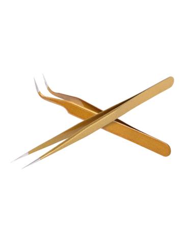 Stainless Steel Eyelash Extension Tweezers Set - Straight & Curved 2pc Gold Makeup Tools - Buy Online on GoSupps.com