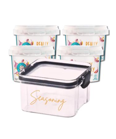 Garlic Salt Seasoning Bundle with Cornish Sea Salt Roasted Garlic Granules 4 x 55g 460ml Air Thight Storage Container x 1 & Vinyl Handwritten Seasoning Sticker x 1