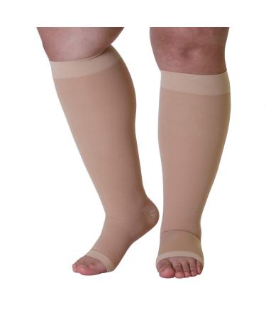 Mojo Compression Socks - Plus Size XXL Opaque Compression Socks with Extra Wide Calf - Knee-High Support Socks - Open Toe  20-30mmHg - Ideal for Spider Veins, Swelling, Lymphedema and DVT  Brown Beige XX-Large
