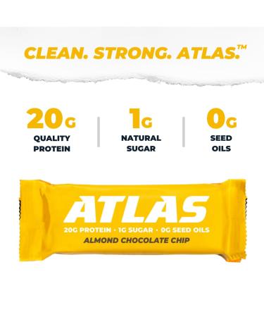 Atlas Real Food Protein Bar 20g Clean Protein 1g Sugar No Seed Oils No Artificial Sweeteners (Almond Chocolate Chip 12 Count) Almond Chocolate Chip 12 Count (Pack of 1) - Buy Online on GoSupps.com