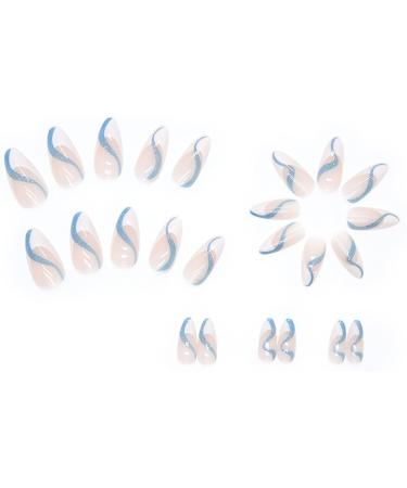 Justotry 24 Pcs Almond False Nails Short White French Press on Nails | Wavy Swirl Fake Nails with Nail Glue | Stiletto Stick on Nails for Women | Nails Art White French & Blue - Buy Online on GoSupps.com