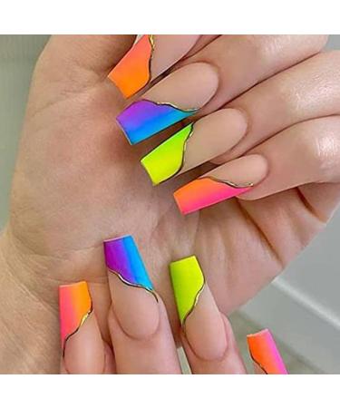 24Pcs Press on Nails Long French Tips Fake Nails Acrylic T-Shape False Nails Summer Reusable Ombre Artificial Nails for Women and Girls