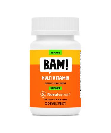 NovaFerrum BAM Chewable Multivitamin for Kids & Adults Ages 4 and Above - Fruit Blast Flavor - 60 Chewable Tablets - with Vitamins A, C, D, E, B6, B12, Biotin, Zinc, Selenium & Manganese
