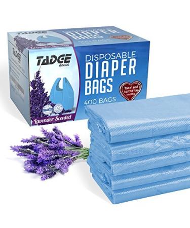 Tadge Goods Baby Disposable Diaper Bags 400 Pack Scented with Lavender - Odor Absorber Biodegradable Plastic Diaper Sacks for Trash Bag Essential Items - Bags for Dirty Diapers - Refill 400 Count 400 Count (Pack of 1)