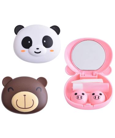 2 Pcs Pink Pig Contact Lens Case Travel Kit, Cute Portable Panda Bear Animal Contact Lens Box Holder Soak Storage Container with Mirror Bottle Tweezers Stick Remover Tool(Random 2 Style)